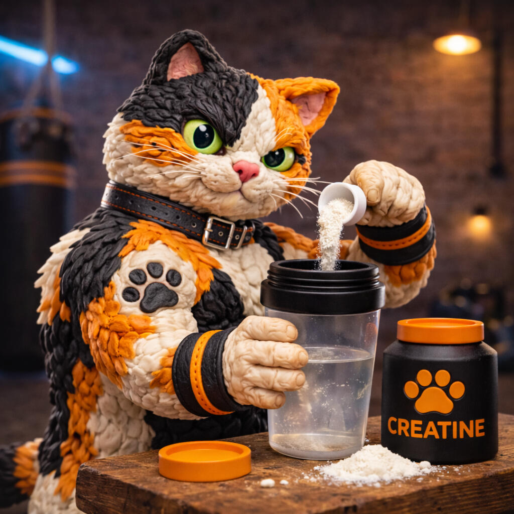 More Power, Faster Results — Creatine Monohydrate Muscular calico cat scooping creatine powder into a shaker bottle — best creatine supplement for strength training