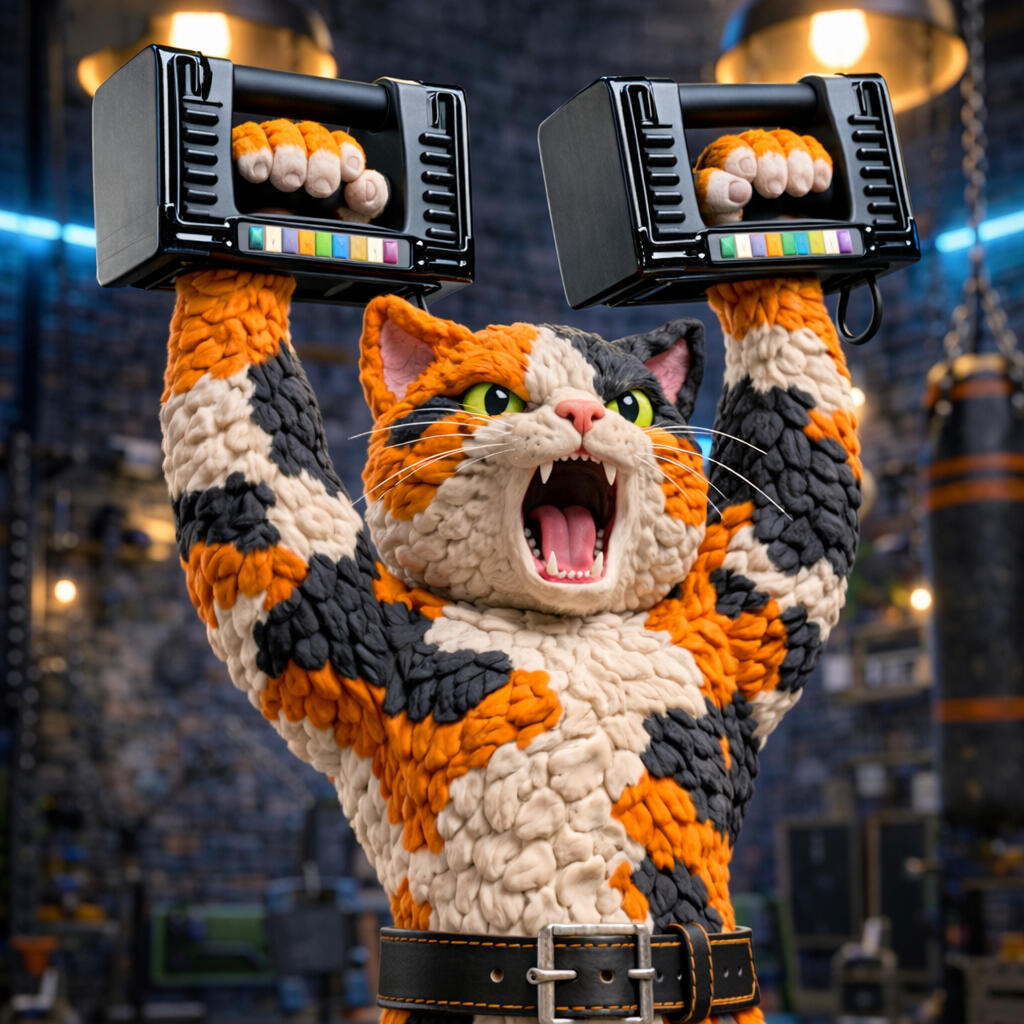 The Only Weight You Need — Adjustable Dumbbells Muscular calico cat lifting adjustable dumbbells overhead in a gym — best adjustable dumbbells for home workout