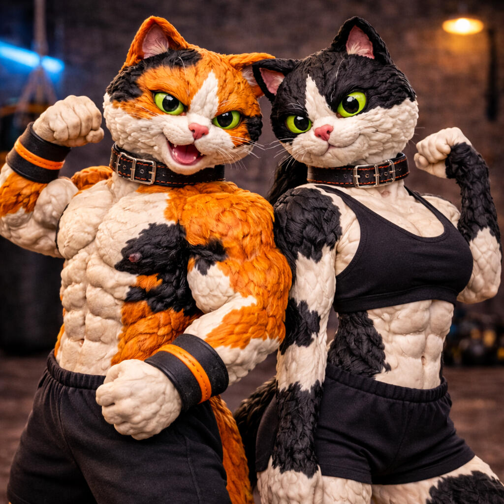 Start Your Transformation Today Muscular calico cat and black-and-white female cat flexing their muscles together in a gym